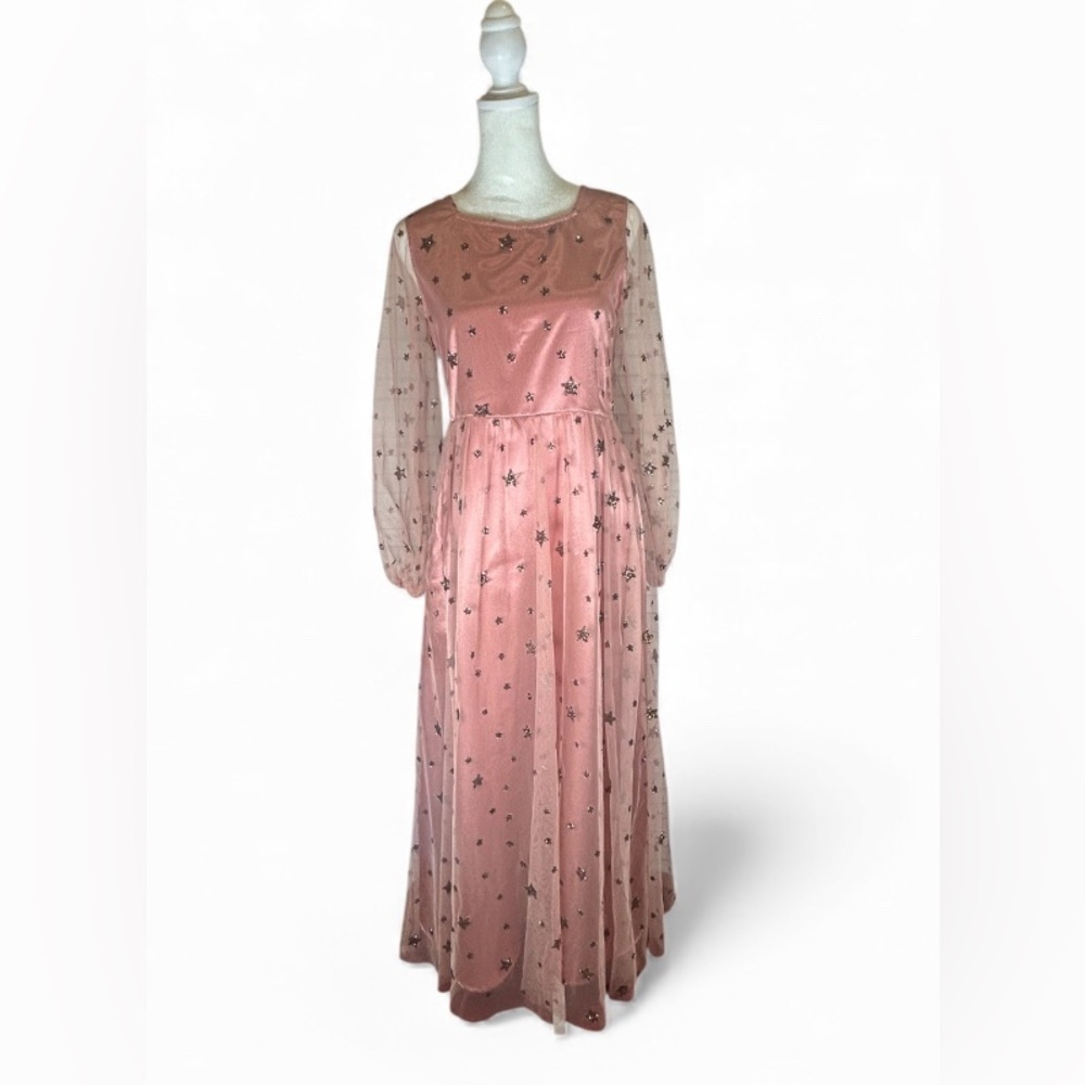 Mia Joy Girl’s Pink Full Length Dress w/ Long Sleeves and Sheer Starry Overlay.